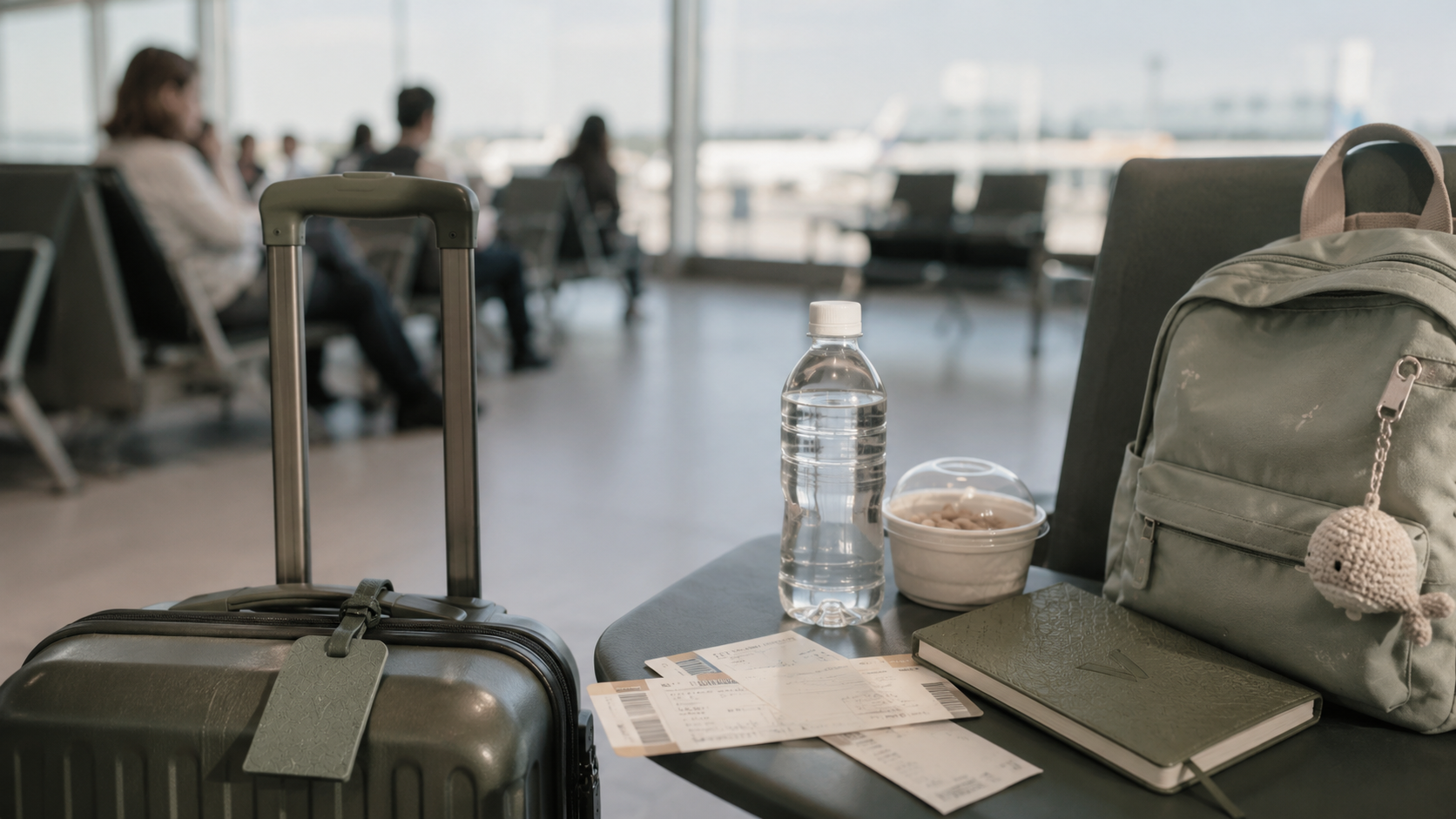 Maleta, tarjeta de embarque y botella de agua en la sala de espera de un aeropuerto