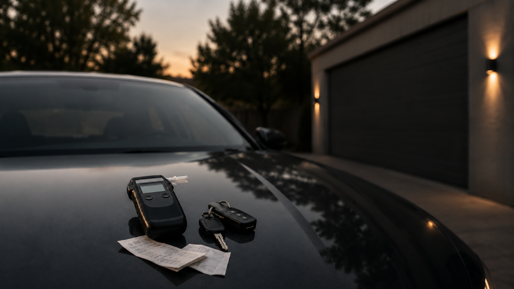 Alcoholímetro, llaves del coche y ticket sobre el capó de un vehículo al atardecer