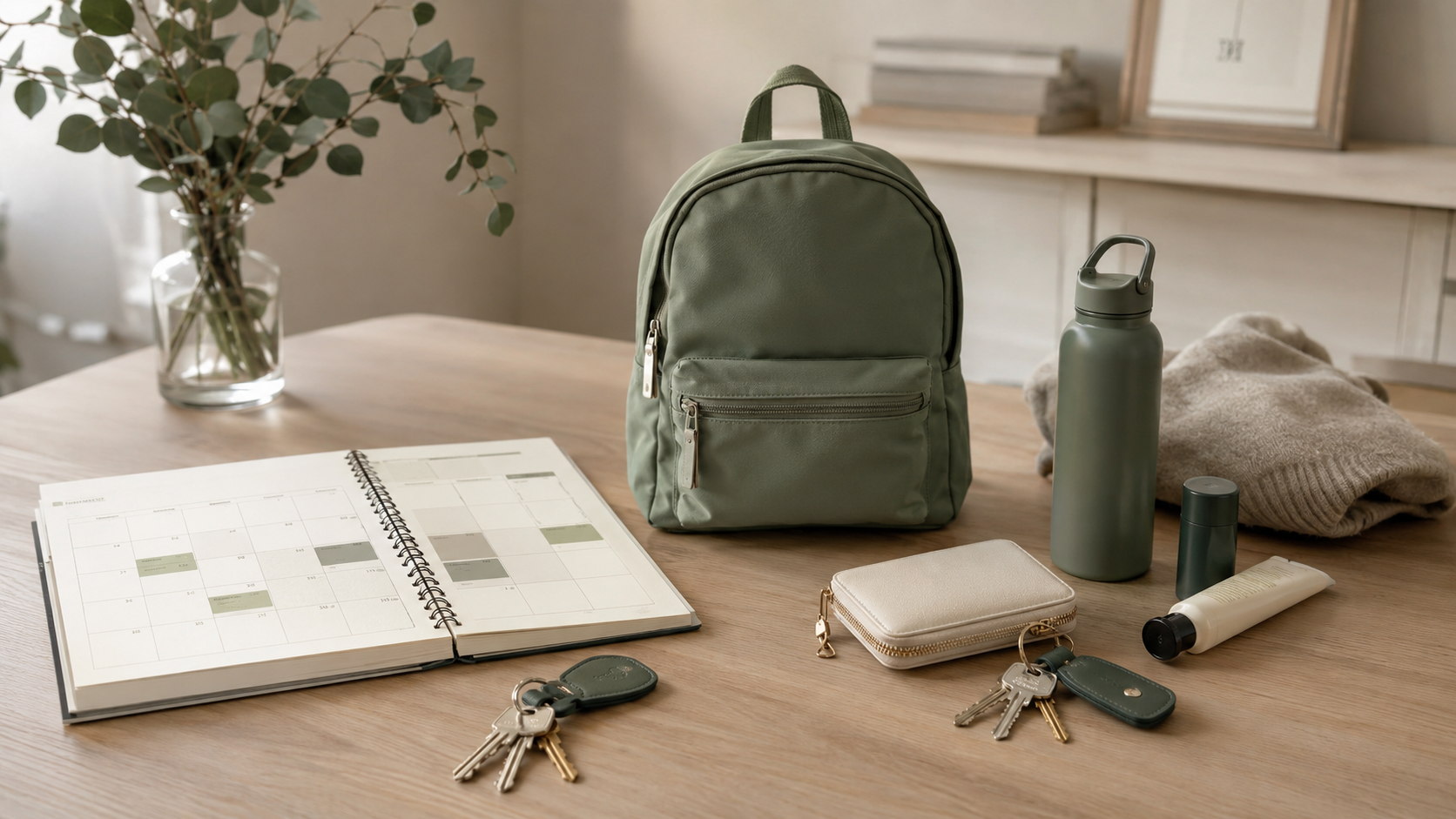 Agenda con calendario, mochila y dos juegos de llaves sobre una mesa