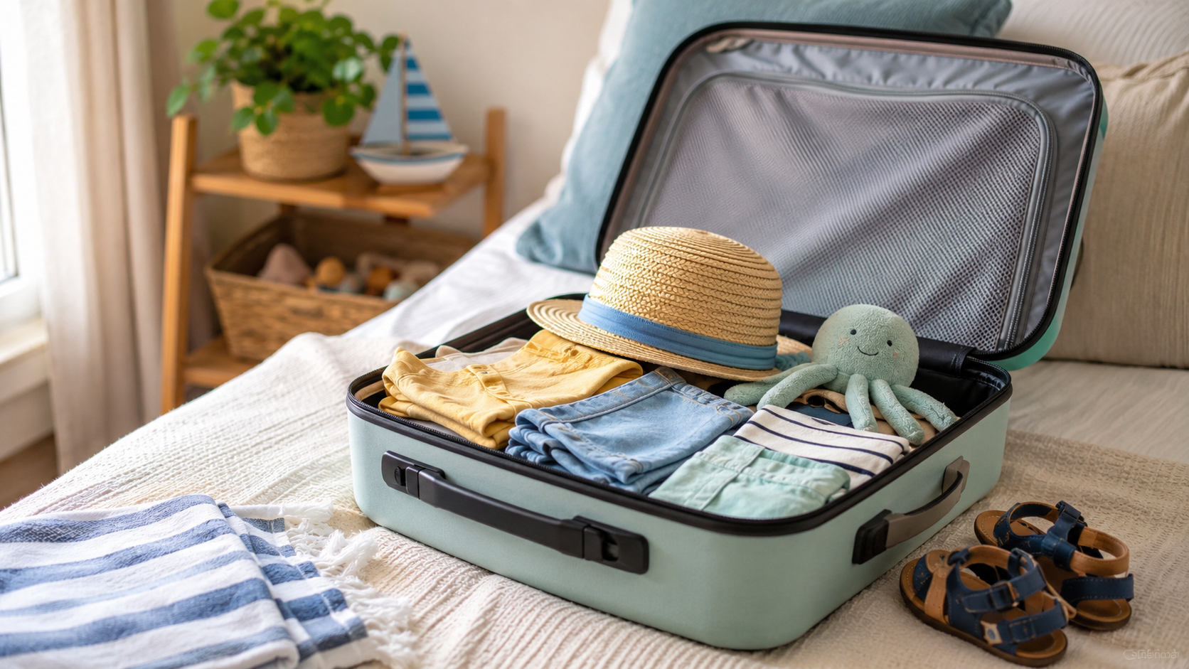 Maleta abierta con ropa de verano preparada para las vacaciones