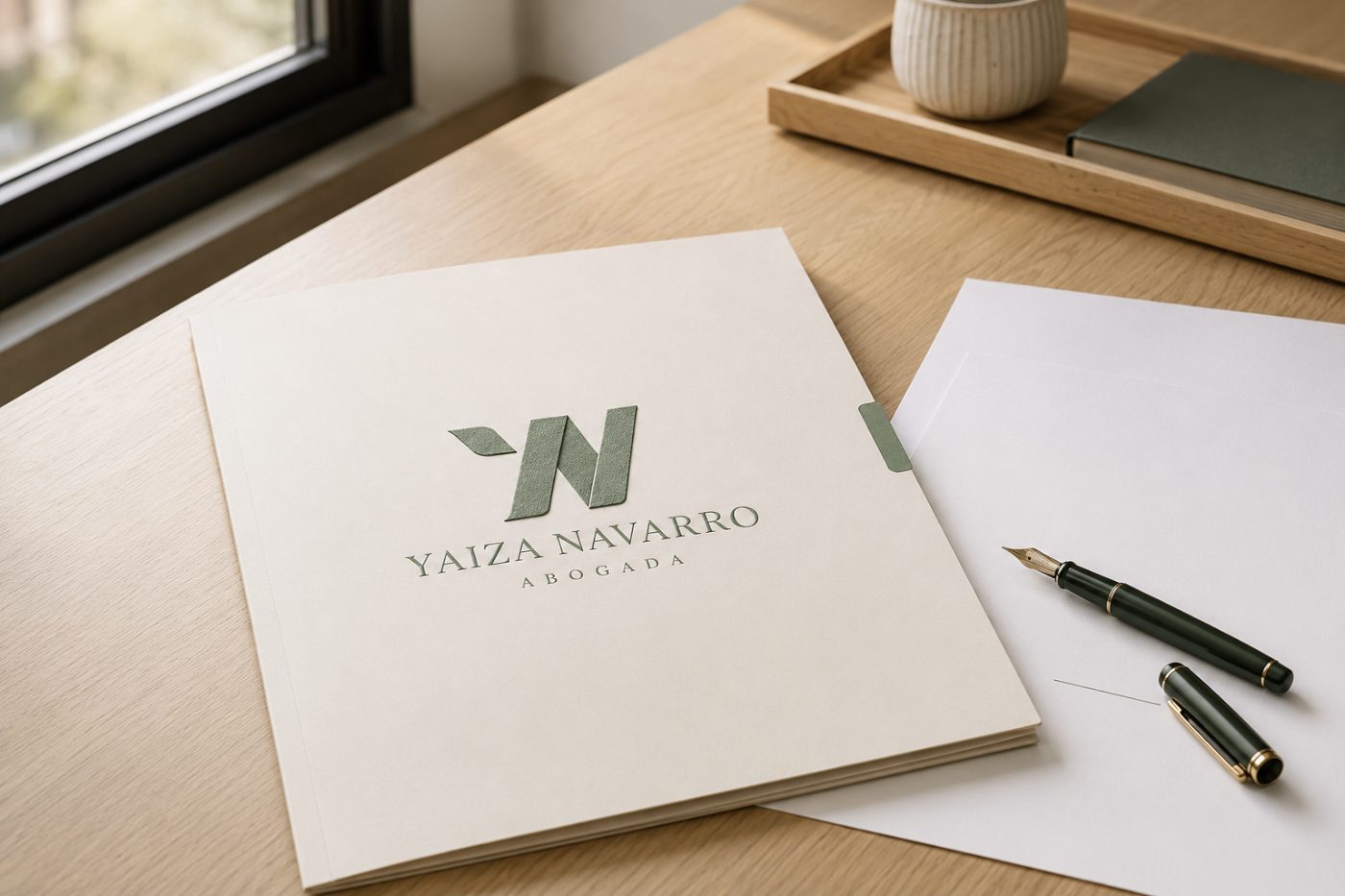 Carpeta de marca de Yaiza Navarro sobre una mesa junto a la ventana