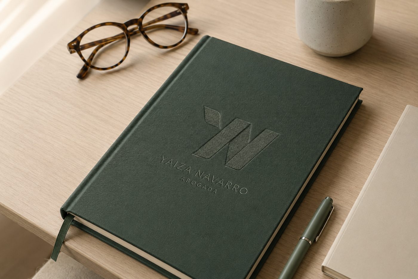 Cuaderno verde con el logotipo de Yaiza Navarro junto a gafas y una taza