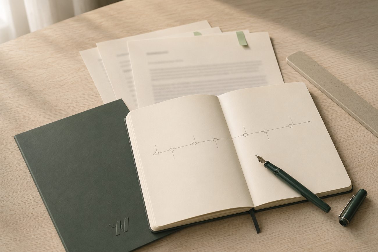 Cuaderno abierto con un esquema de fases sobre una mesa de madera