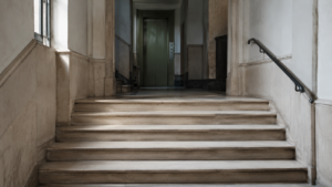 Portal de una comunidad de propietarios con varios escalones antes del ascensor.