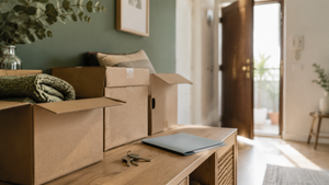 Cajas de mudanza y unas llaves en el interior de una vivienda de alquiler.