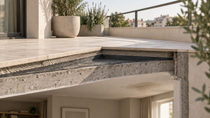 Sección de una terraza que muestra el pavimento, la impermeabilización y el forjado sobre una vivienda.