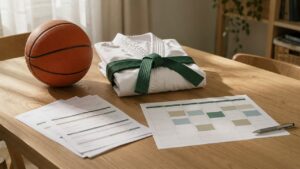 Balón de baloncesto, kimono con cinturón verde y un calendario de actividades extraescolares sobre una mesa de madera