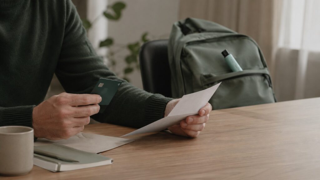 Un hombre sentado a una mesa sostiene una tarjeta y una carta, con una mochila al fondo