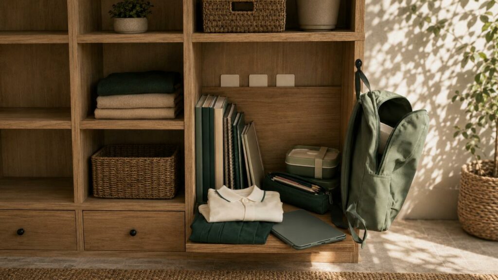 Mochila verde, uniforme escolar doblado, libros y estuche organizados en una estantería de madera