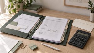 Carpeta abierta con documentos, calculadora y un sobre sobre una mesa de trabajo.