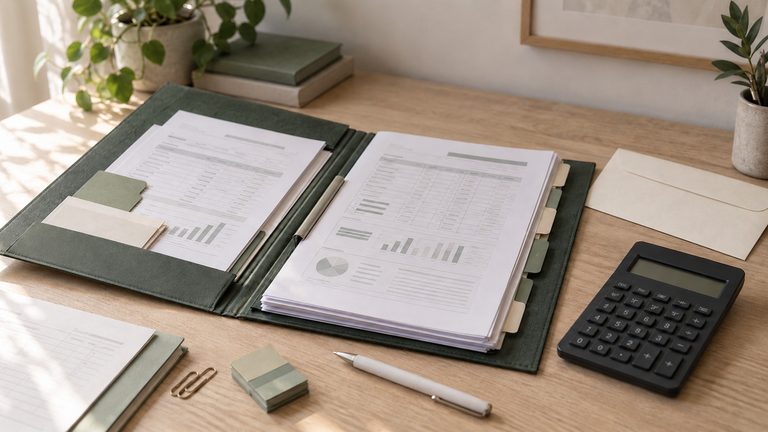 Carpeta abierta con documentos, calculadora y un sobre sobre una mesa de trabajo.