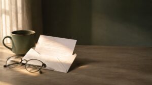 Un sobre abierto con una carta, unas gafas y una taza de café sobre una mesa de madera