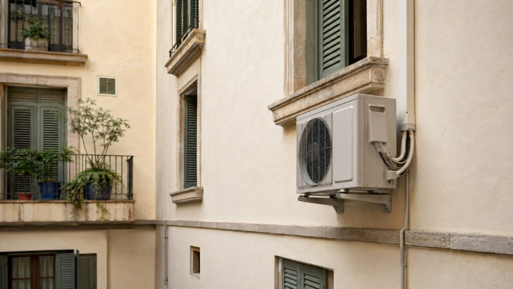 Unidad exterior de aire acondicionado fijada en la fachada de un edificio de viviendas, junto a balcones con plantas