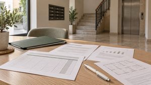 Documentación con una tabla de reparto sobre una mesa, junto al portal, la escalera y el ascensor de una comunidad de propietarios.